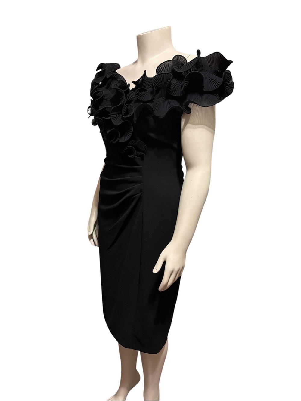 NWT Xscape Sz 16 Black Ruffle Off the Shoulder Scuba Crepe Midi Dress $228 - Picture 4 of 11